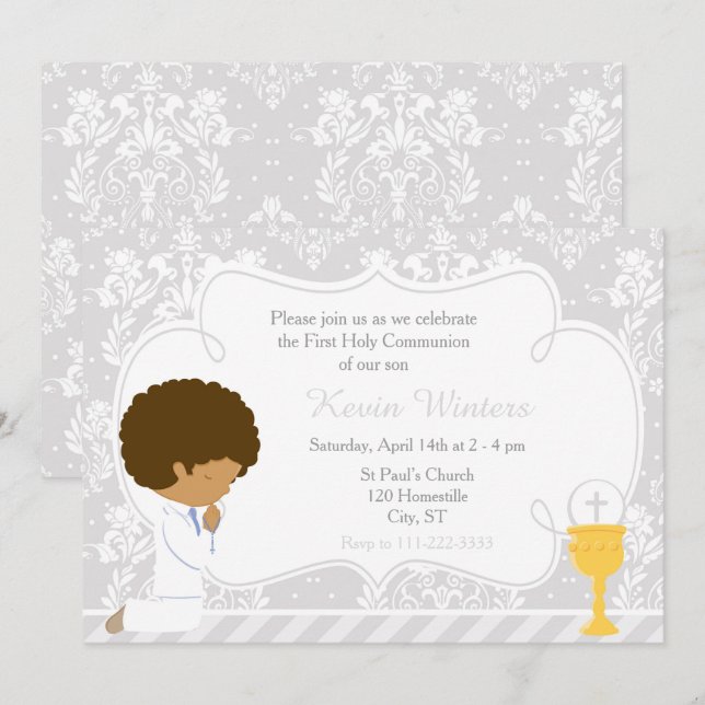 African American Boy First Communion Damask Invitation (Front/Back)