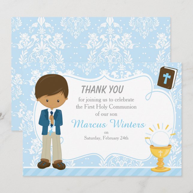 African American Boy First Communion Damask Thank You Card (Front/Back)