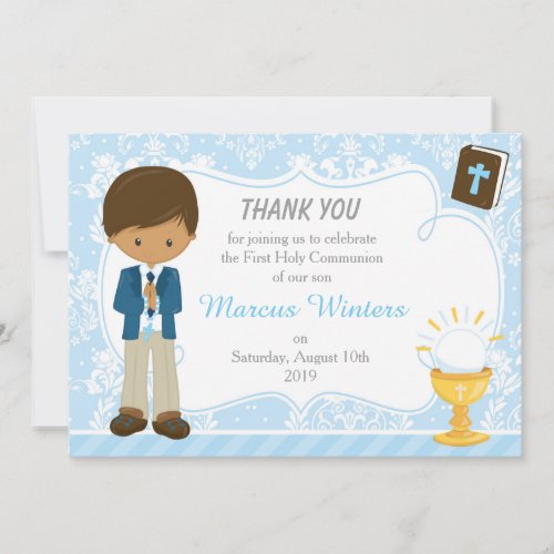 African American Boy First Communion Thank You Invitation