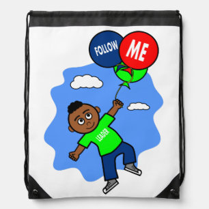 African American Boy Flying with Balloons Cartoon Drawstring Bag