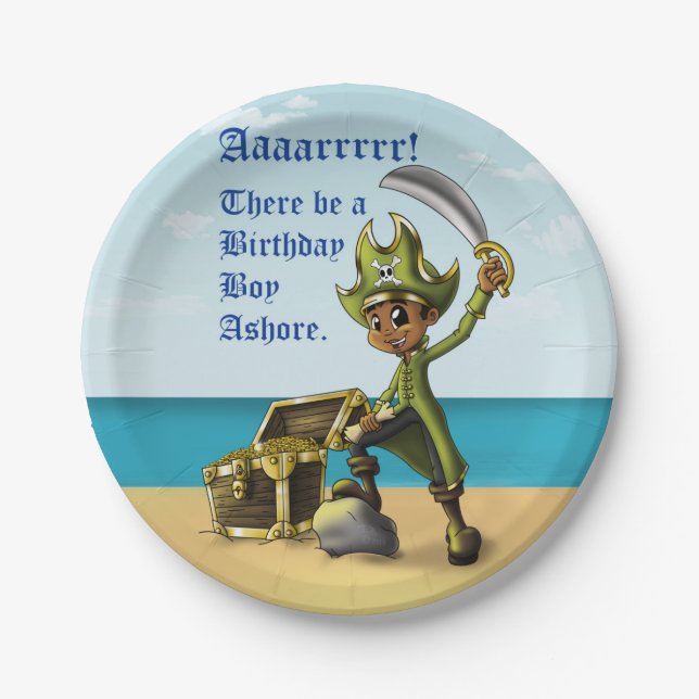 African American Boy Pirate Birthday Paper Plates (Front)