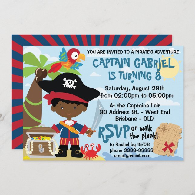 African American Boy Pirate Party Invitations (Front/Back)