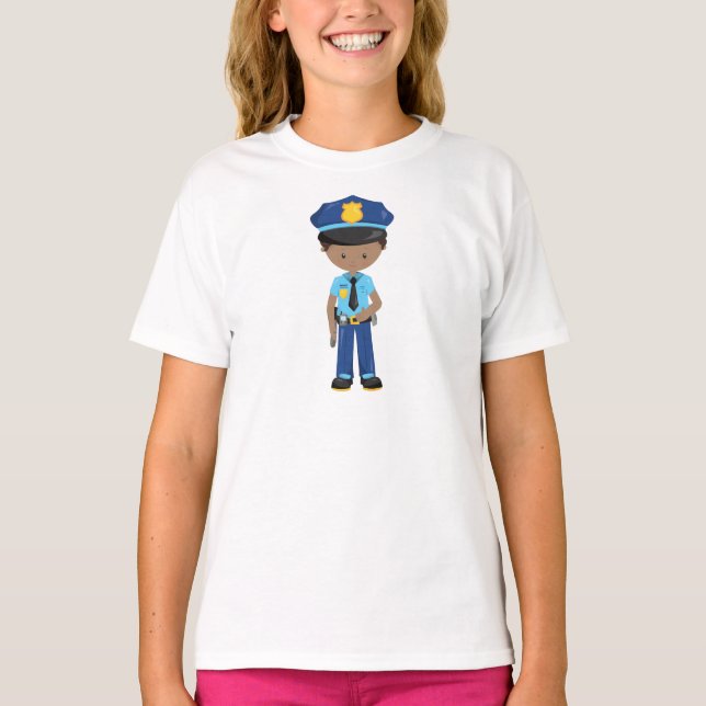 African American Boy, Policeman, Police Officer T-Shirt (Front)