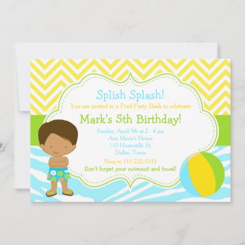 African American Boy Pool Party Bash Party Invitation