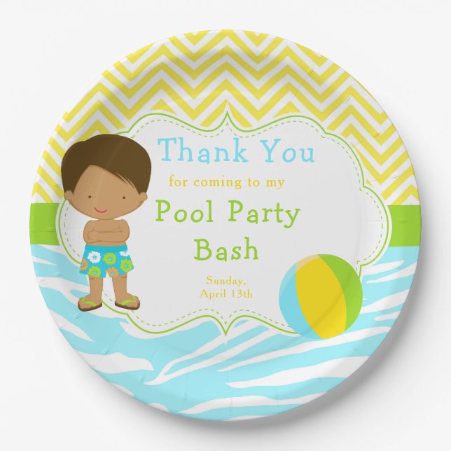 African American Boy Pool Party Bash Party Paper Plates (Front)
