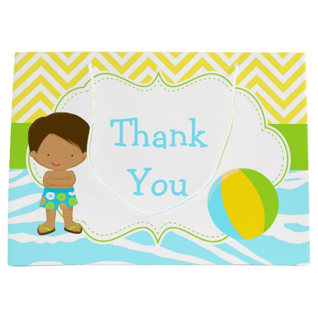 African American Boy Pool Party Bash Thank You Large Gift Bag (Front)