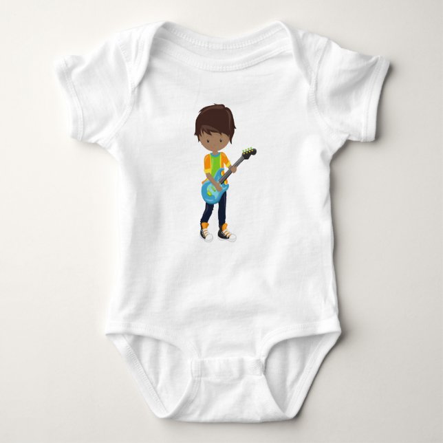 African American Boy, Rock Boy, Guitar Player Baby Bodysuit (Front)