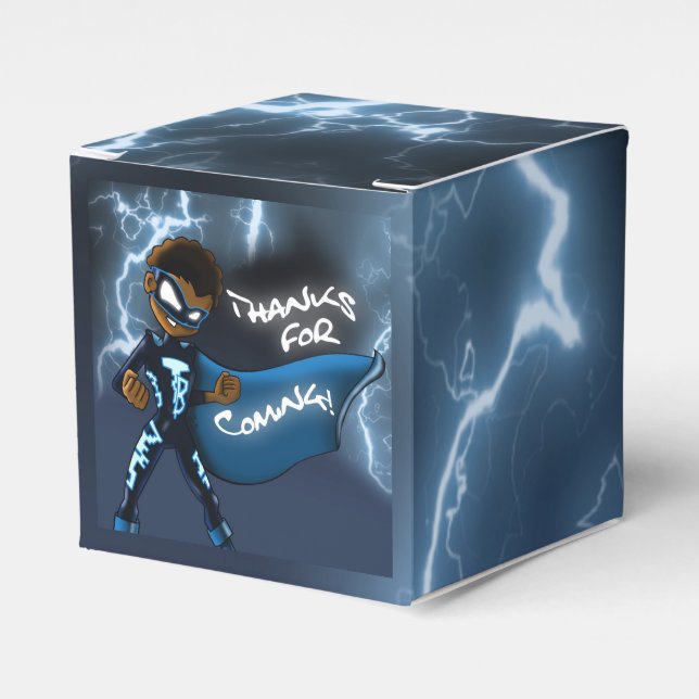 African American Boy Superhero Birthday Favor Boxes (Front Side)