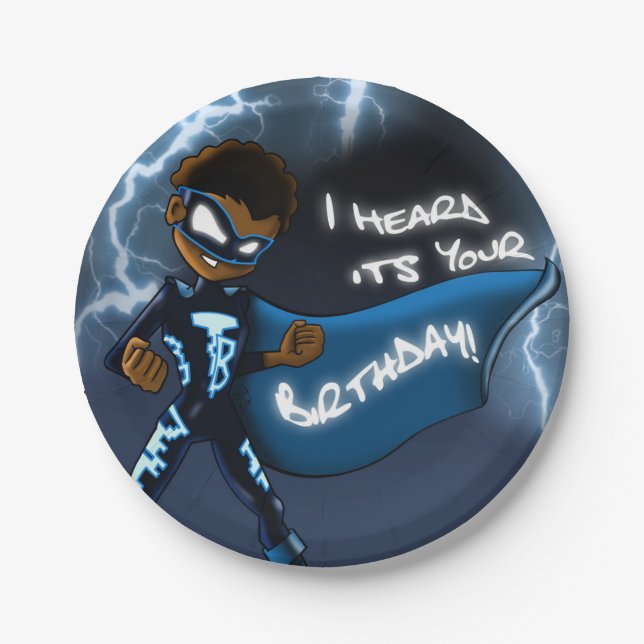 African American Boy Superhero Birthday Paper Plates (Front)