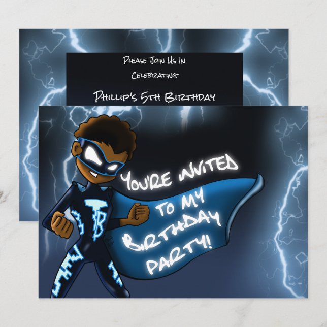 African American Boy Superhero Birthday Party Invitation (Front/Back)