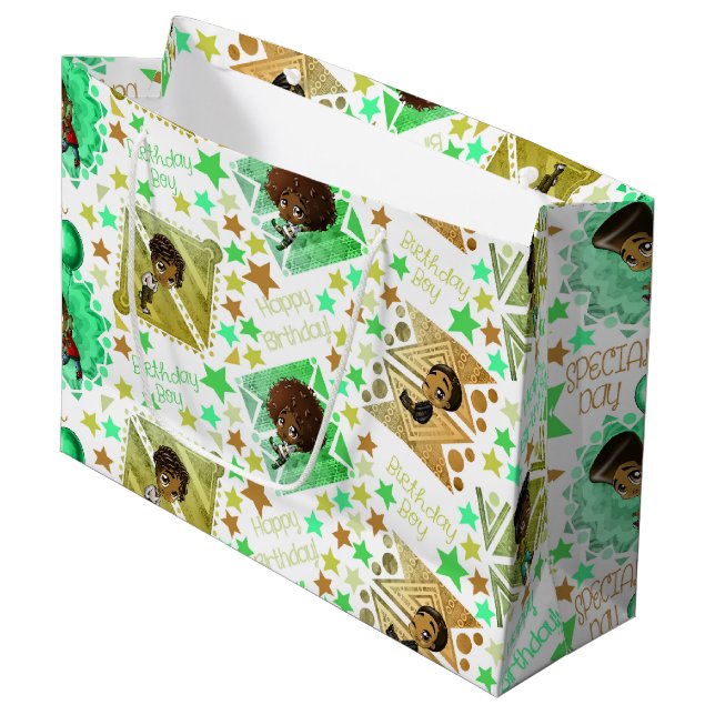 African American Boys and Stars Birthday Large Gift Bag (Front Angled)