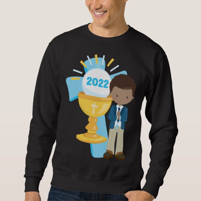 African American Boys First Communion Black Boy Cr Sweatshirt (Front)