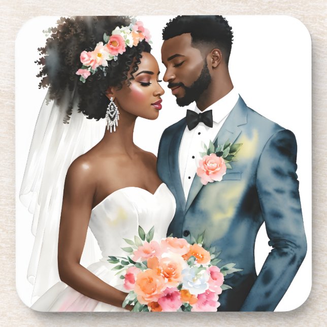 African American Bridal Couple Wedding Beverage Coaster (Front)