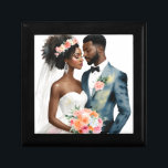 African American Bridal Couple Wedding Gift Box<br><div class="desc">Watercolor artwork features a beautiful brown-skinned couple as bride and groom. This melanated item has a peach and coral color scheme with floral accents.</div>