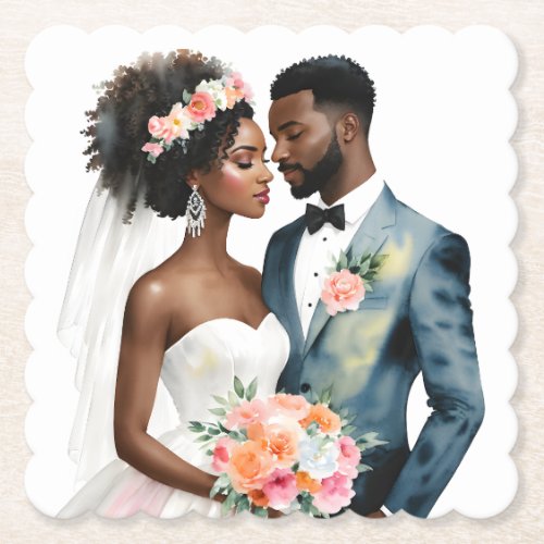 African American Bridal Couple Wedding Paper Coaster