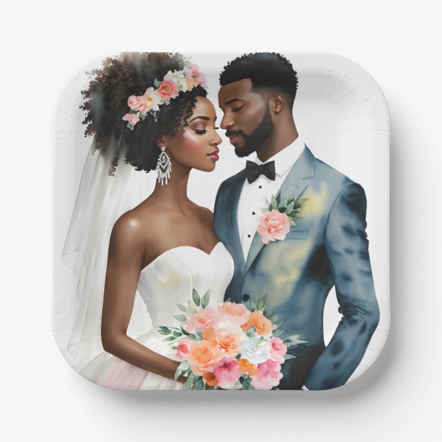 African American Bridal Couple Wedding Paper Plates (Front)