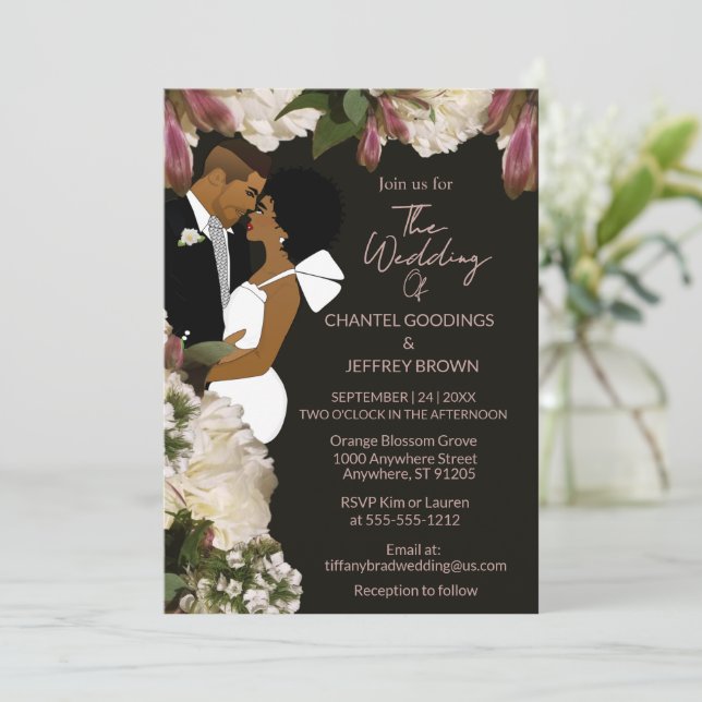 African American Bride and Groom Black Wedding Invitation (Standing Front)