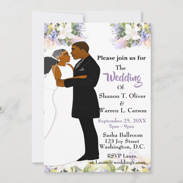 African American Bride & Groom Floral Wedding Invi Invitation (Front)