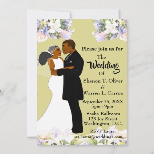 African American Bride  Groom Floral Wedding  Invitation