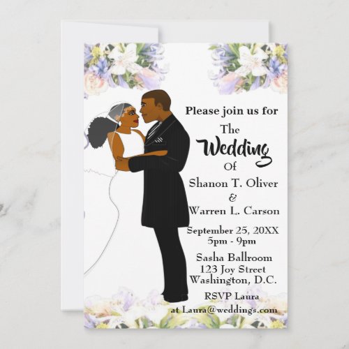 African American Bride  Groom Floral Wedding Invitation