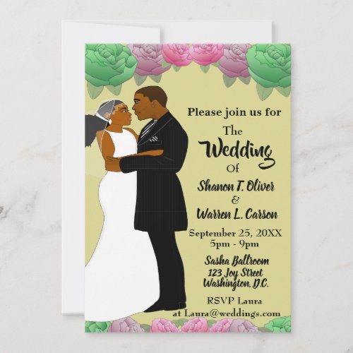 African American Bride  Groom Floral Wedding Invitation