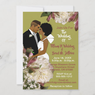 African American Bride & Groom Gold & Pink Wedding Invitation