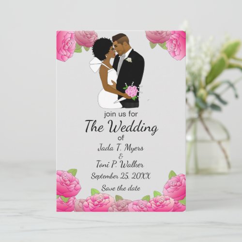 African American Bride  Groom Pink Roses Silver I Invitation