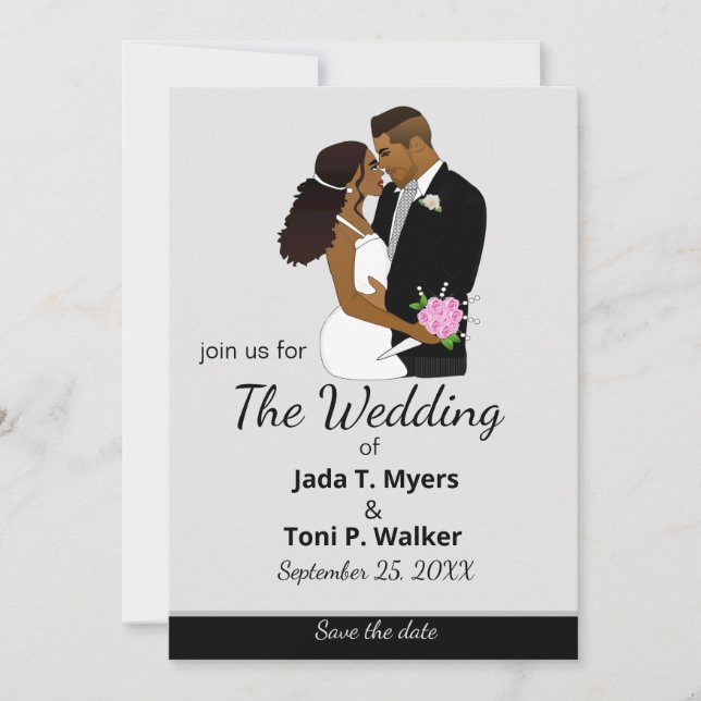 African American Bride & Groom Silver Wedding Invitation (Front)