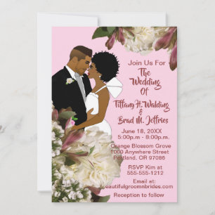 African American Bride & Groom White Pink Wedding Invitation