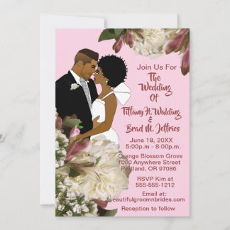 African American Bride & Groom White Pink Wedding Invitation