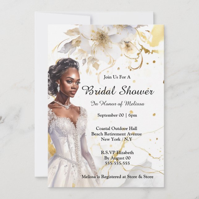 African american bride watercolor flowers bridal invitation (Front)