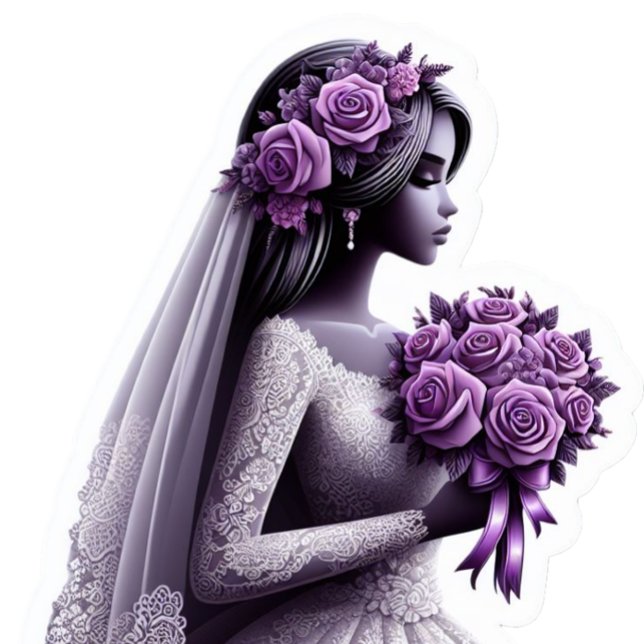 African American Bride with Purple Bouquet Sticker (Black Bride with Purple Flowers)