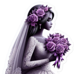 African American Bride with Purple Bouquet Sticker