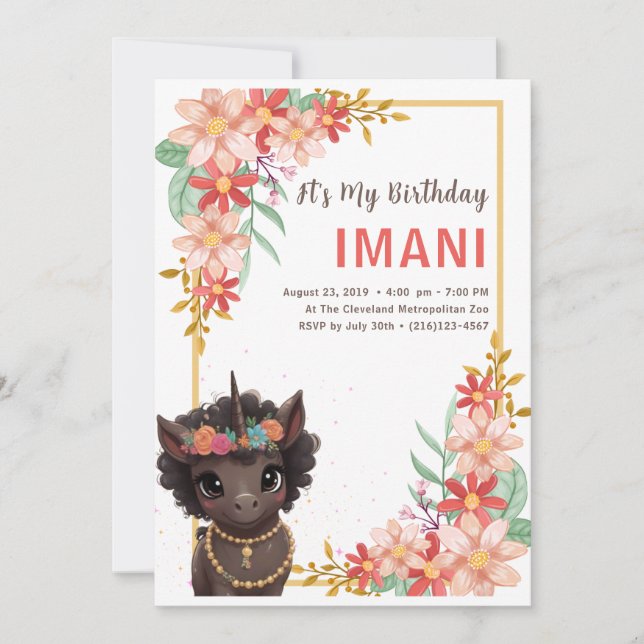 African American Brown Unicorn Kids Birthday Invitation (Front)
