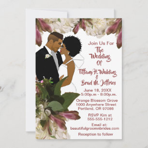 African American Burgundy & White Floral Wedding Invitation