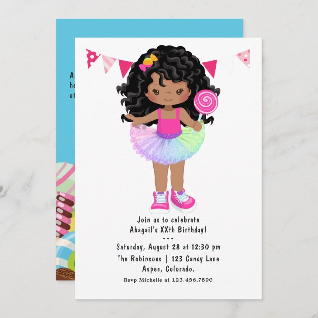 African American Candy Land Girl Birthday Party Invitation (Front/Back)