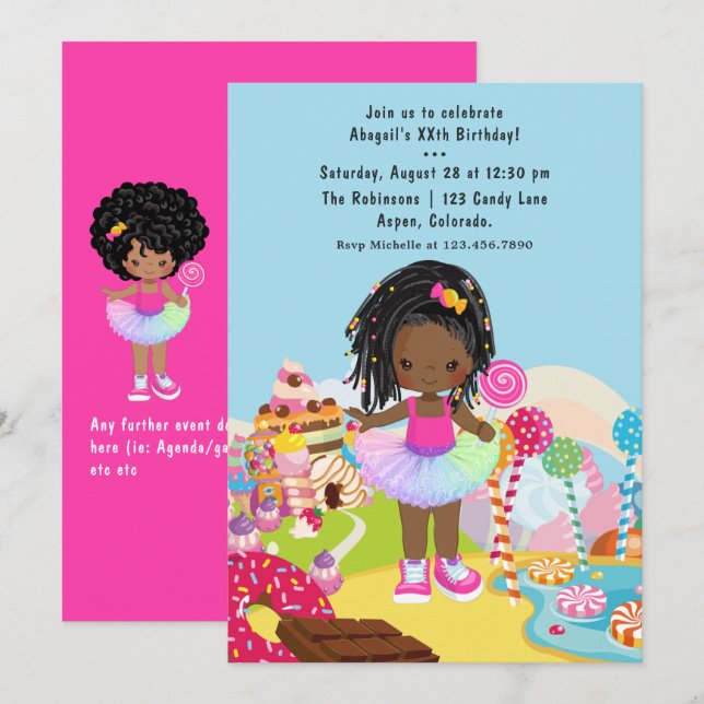 African American Candy Land Girl Birthday Party Invitation (Front/Back)