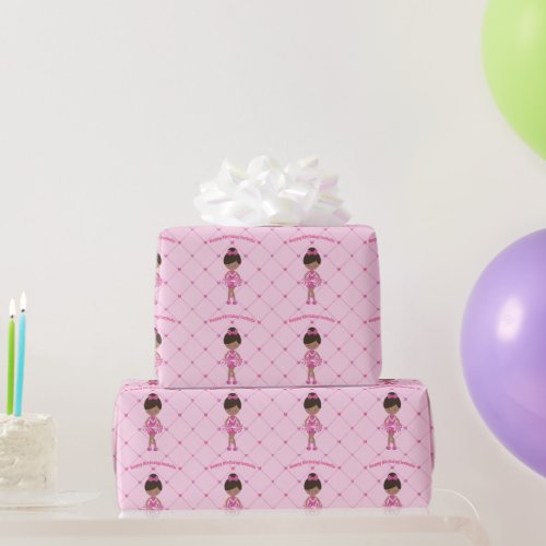 African American Cheerleader Custom Pink Birthday Wrapping Paper