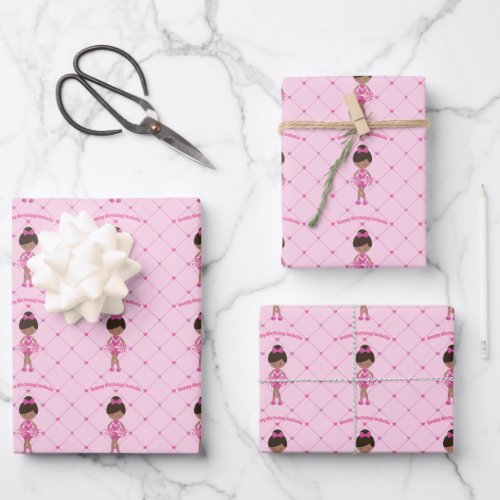 African American Cheerleader Custom Pink Birthday Wrapping Paper Sheets