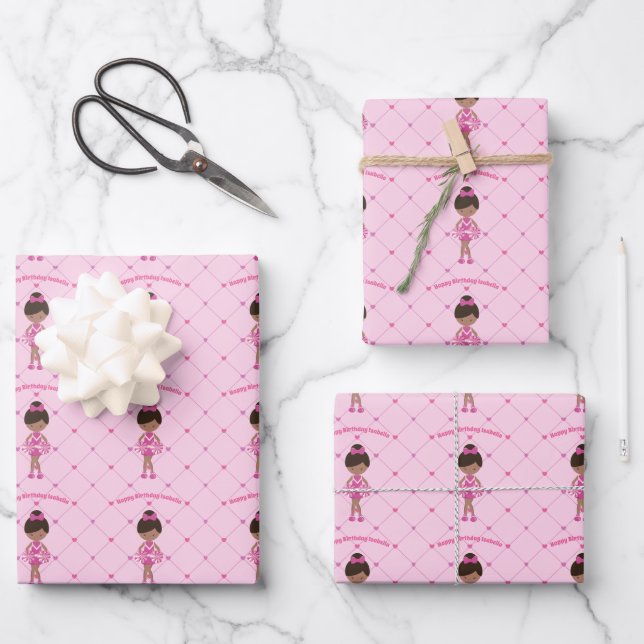 African American Cheerleader Custom Pink Birthday Wrapping Paper Sheets (Front)