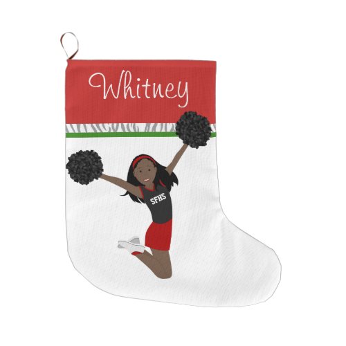 African American Cheerleader in Red and Black Large Christmas Stocking