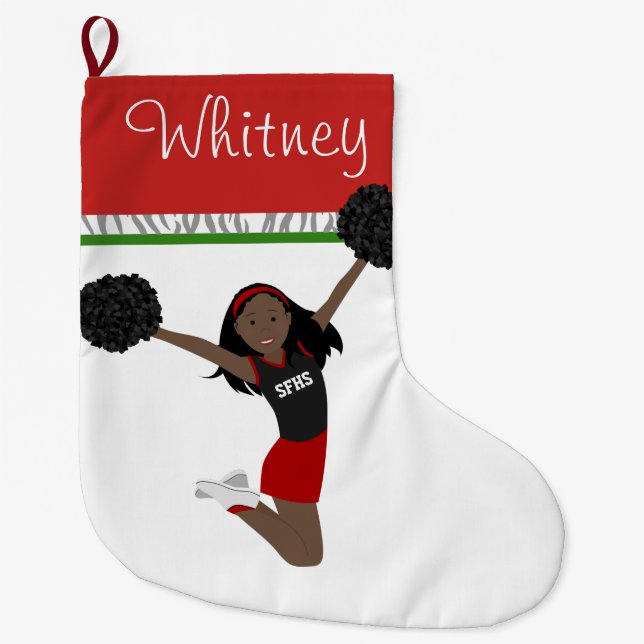 African American Cheerleader in Red and Black Large Christmas Stocking (Front)