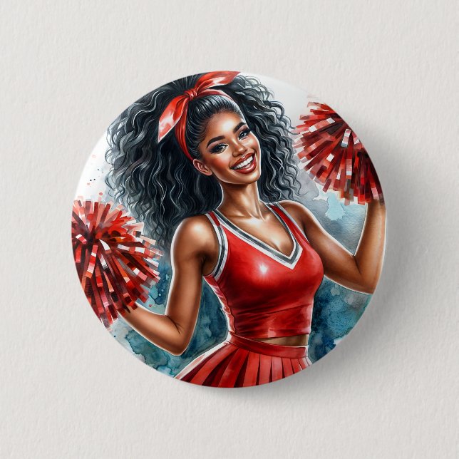 African American Cheerleader In Red Watercolor Button (Front)
