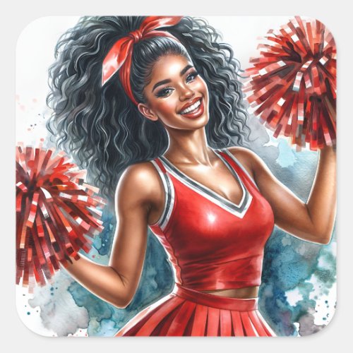 African American Cheerleader In Red Watercolor Square Sticker