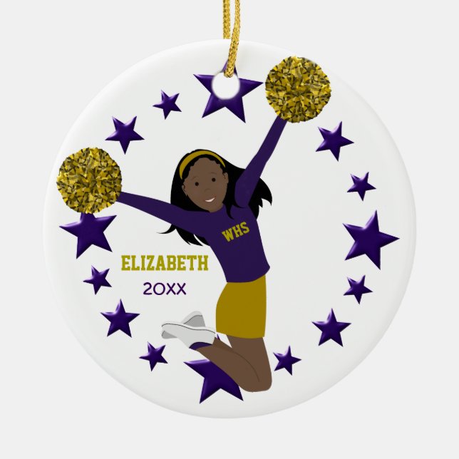 African American Cheerleader Purple & Gold Ceramic Ornament (Front)