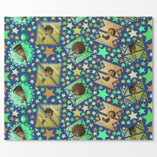 African American Chibi Boys and Stars Wrapping Paper