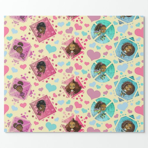 African American Chibi Girls and Hearts Wrapping Paper