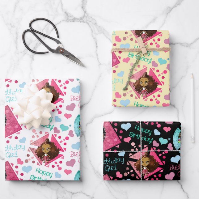 African American Chibi Girls with Hearts Birthday Wrapping Paper Sheets (Front)