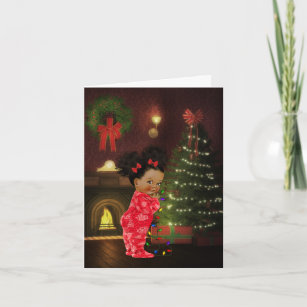 African American Girl in Red Merry Christmas Greeting Card Size 5" X 7". 