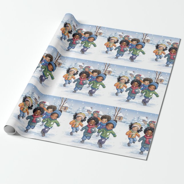 African American Children Playing in Snow  Wrapping Paper (Unrolled)